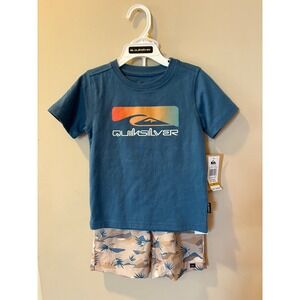 Quiksilver Kids 2 Piece T Shirt and Shorts Set Size 3T Blue Camo Palm Tree
